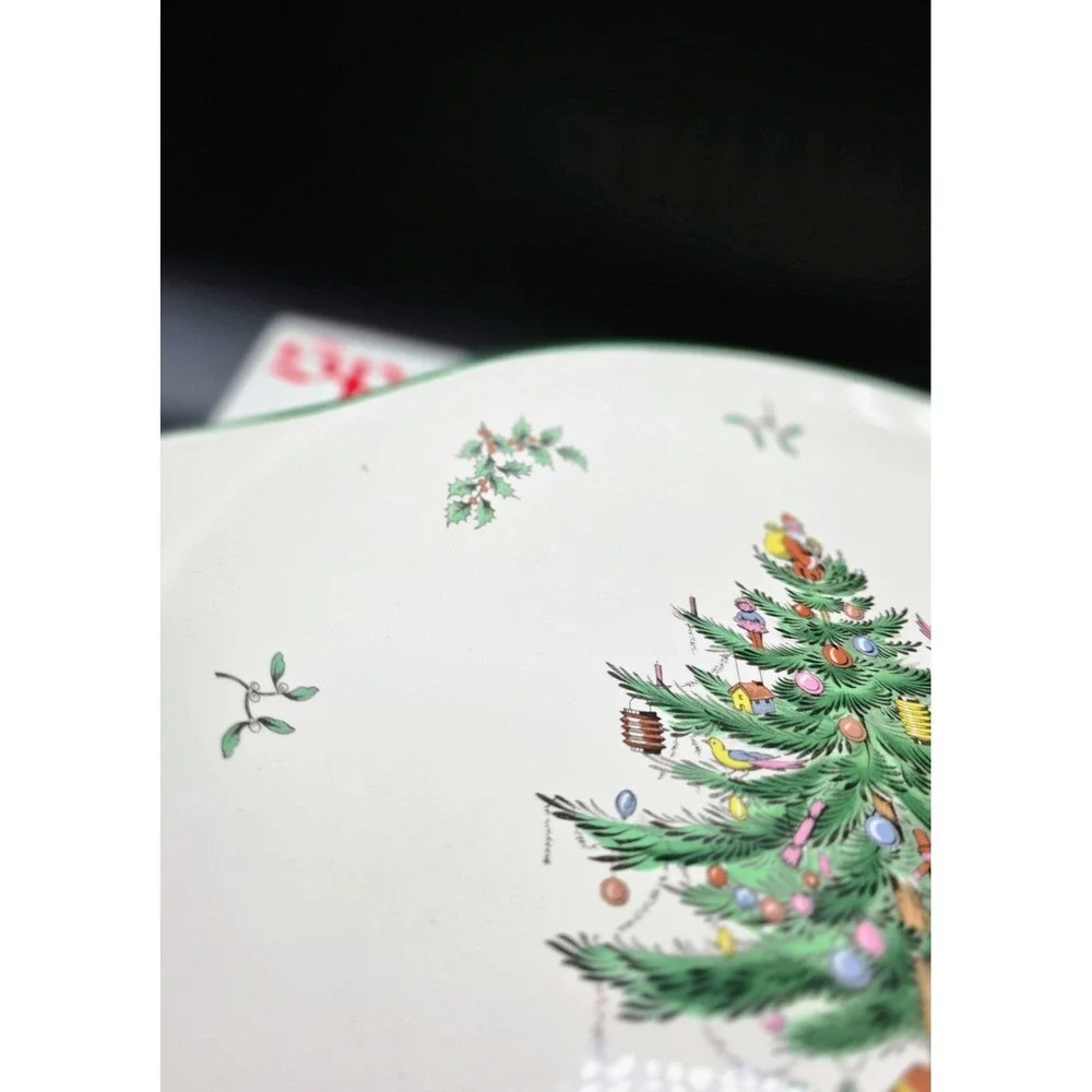 Vintage Spode Christmas Tree Round Cake Plate Serving Santa Claus Handles Box